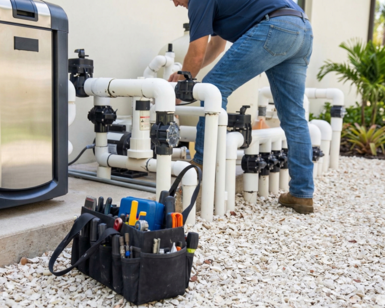 Pool equipment repair technician servicing pool plumbing and filtration system at a high-end Naples Florida home