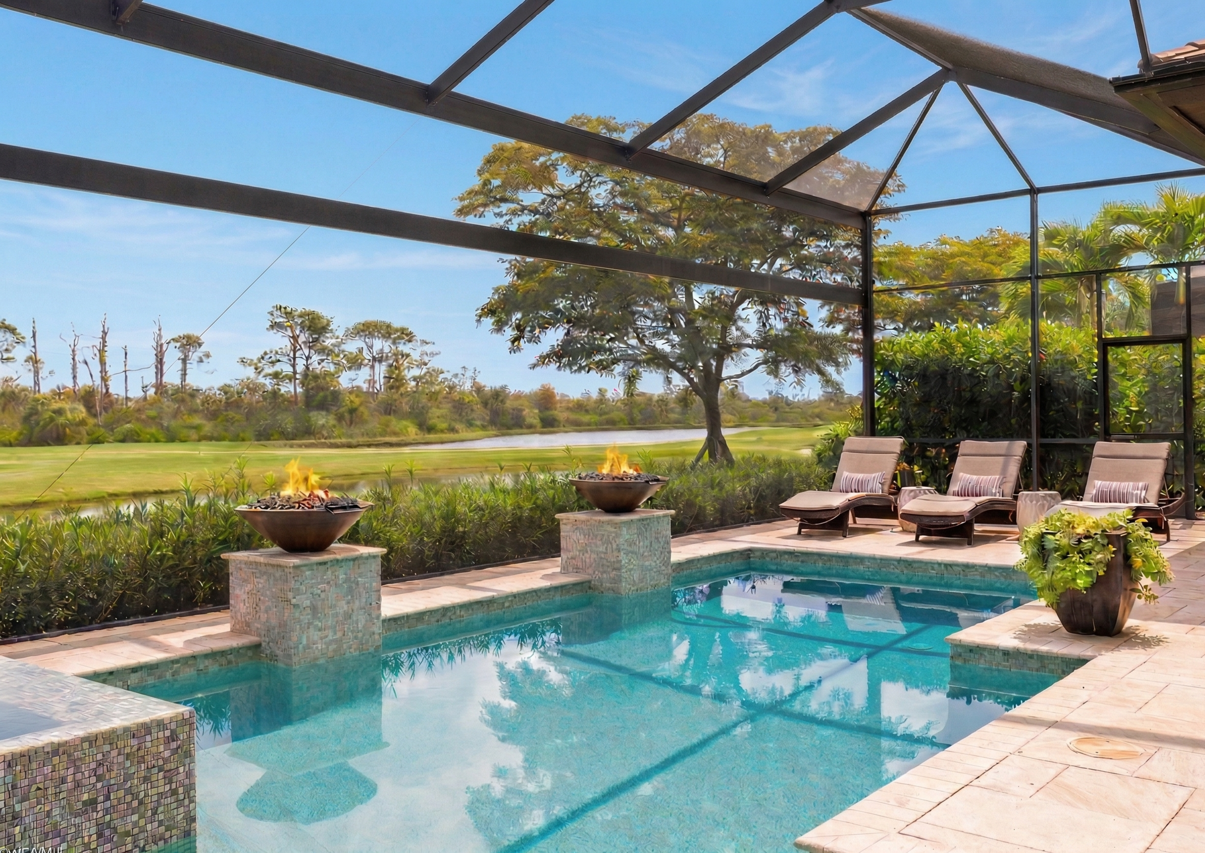Pool service in Estero, FL maintaining a luxury backyard pool with screened lanai and crystal-clear water.