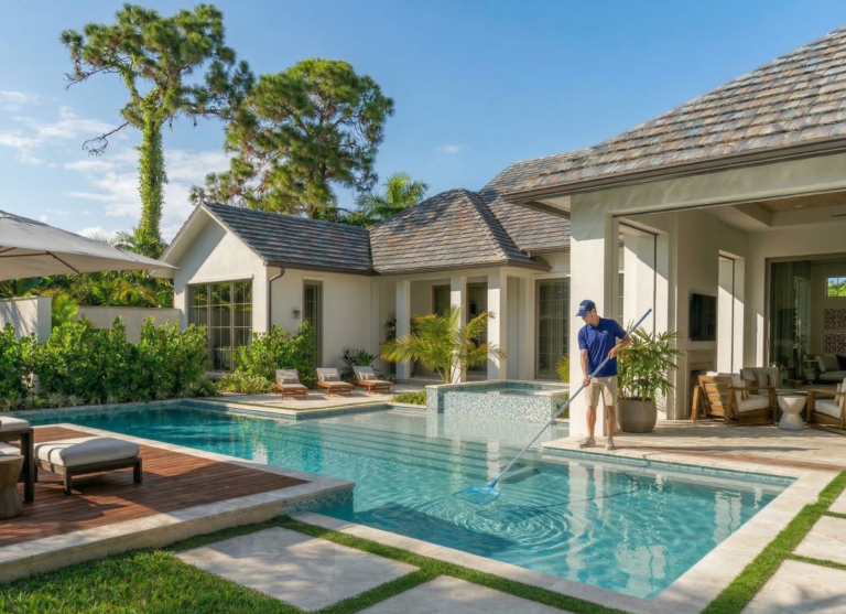 Pool Service Tech cleaning and maintaining a Naples Pool in Pelican Bay